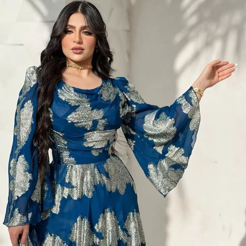 PLEINDI Bohemian Evening Dresses O-Neck Long Sleeves A-LINE Floor-Length Chiffon 2022 New of Embroidery Boho Prom Women Dress