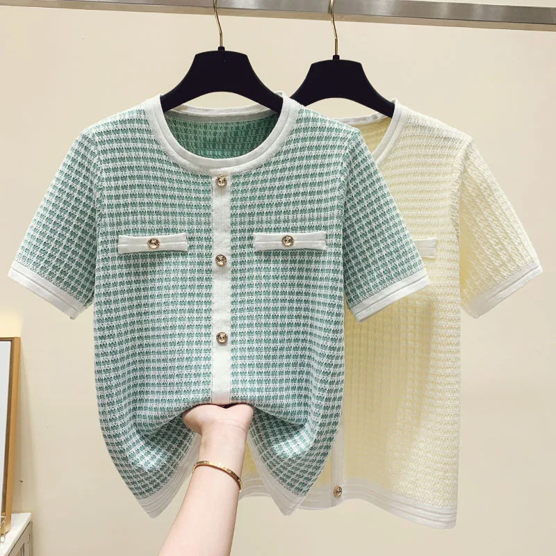 

2023 New Oversized Summer Sweater O-Neck Loose Top Fashion plaid short sleeve Female Knitted Pullover Casual Korea Women Sweater