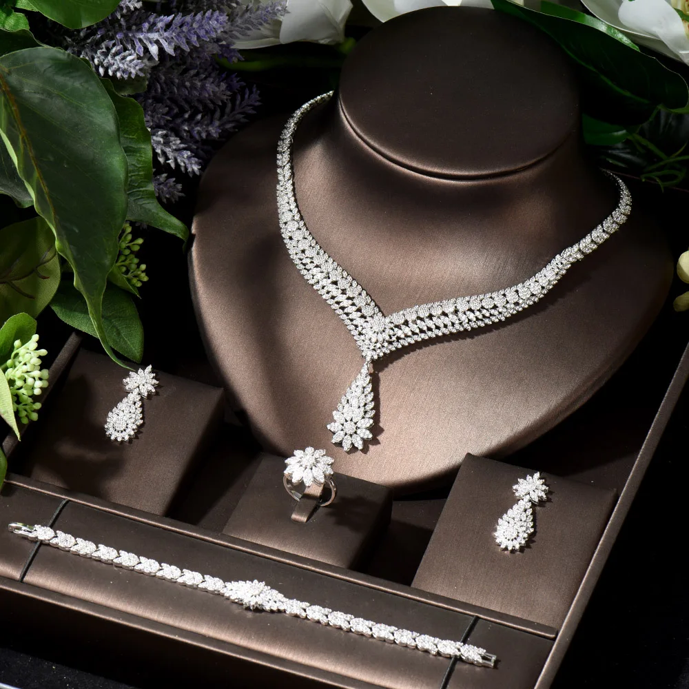 

HIBRIDE Clearance Price Vintage Dubai White Color Jewelry Set for Women Cubic Zirconia Bridal Earrings and Necklace Set bijoux