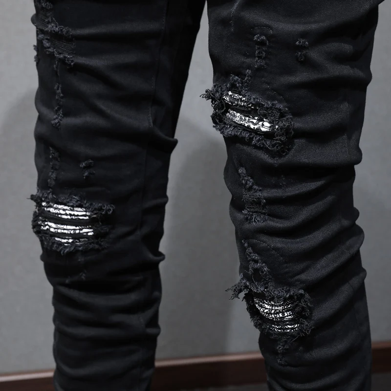 Street Fashion Men Jeans Black Elastic Stretch Skinny Fit Ripped Jeans Men Bandana Patched Designer Hip Hop Brand Pants Hombre