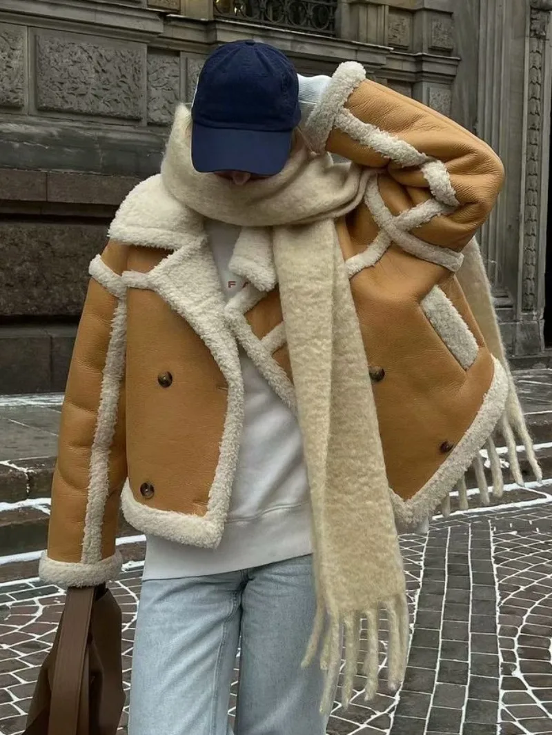 

Fashion Fleece Patchwork Thick Jacket Fall Winter Turn-down Collar Double Breasted Warm Coats High Street 2023 Leather Outerwear