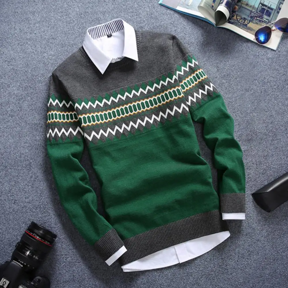 

Stylish Male Sweater Crew Neck Retro Windproof Fashion Pattern Pullover Sweater Temperament Men Sweater for Daily Wear