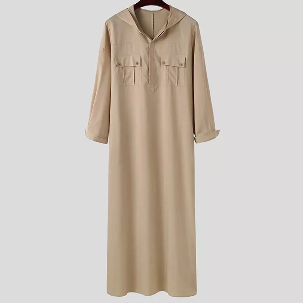 Middle Eastern Ethnic Costumes Muslim Robe Simple Line Male Gentleman Luxury Arabic Islamic Embroidery Hooded Robe