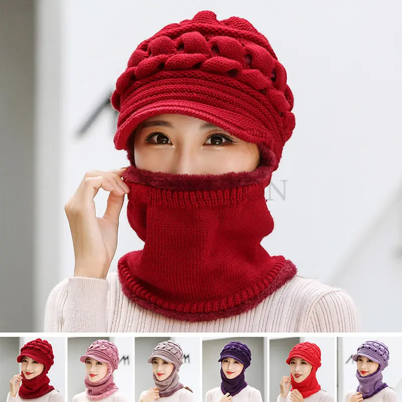 

Coral Fleece Winter Hat Beanies Women Hat Scarf Warm Breathable Wool Knitted Hat For Women Double Layers Protection Caps