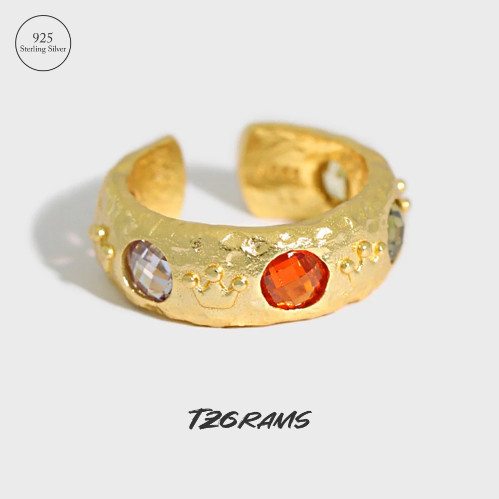 

TZgrams 925 Sterling Silver Color Stone Gold Rings For Woman Ethnic Style Wide Chunky Ring Resizable Exquisite Fine Jewelry