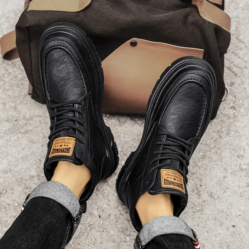 Мужские ботильоны с высоким вырезом однотонные кожаные кроссовки мотоциклетные