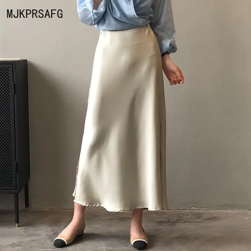 

Summer Fashion Sweet Elegant Plain High Waist Midi Skirts Women Vintage Girl A-line Long Skirt Ladies Casual Satin Splits Skirt