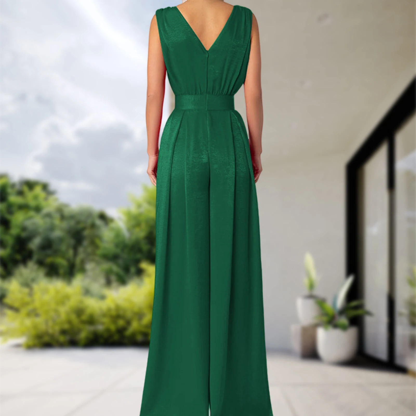 Summer Fashion Sleeveless V-Neck Jumpsuit Women Elegant Solid Pocket Wide Leg Rompers Ladies Casual Loose Waist Pleated Jumpsuit