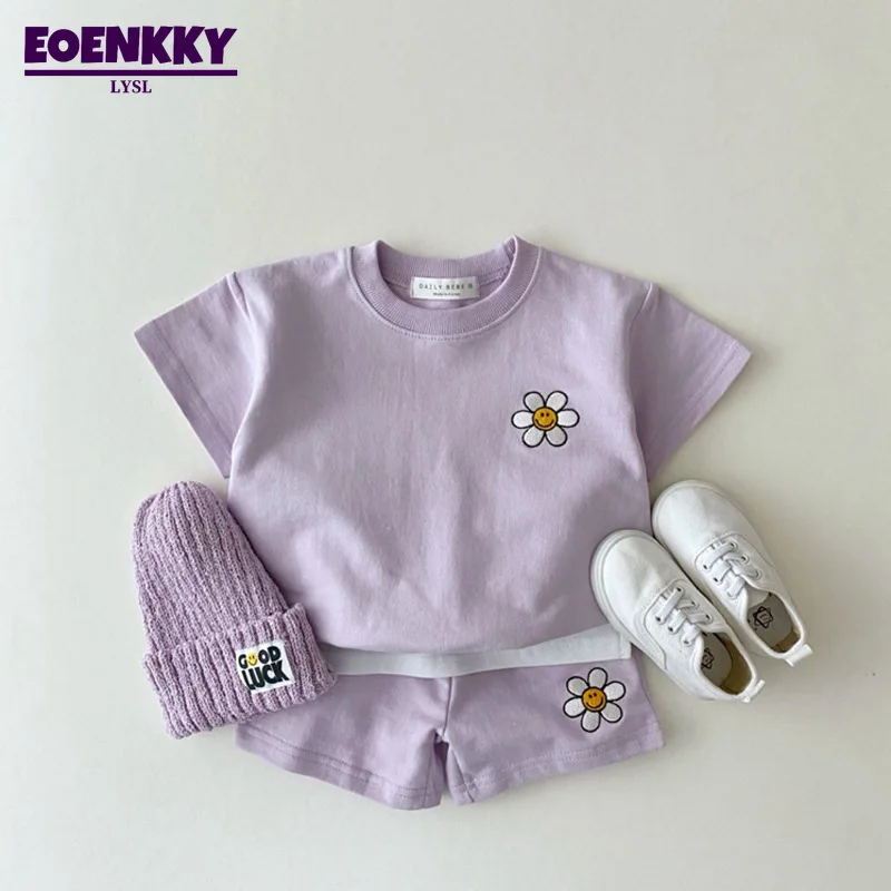 

Korean Children's Set Boys Girls Summer 2023 Solid Color Flower Print Short Sleeve Shorts Baby Top and Bottom Suit Little Fresh