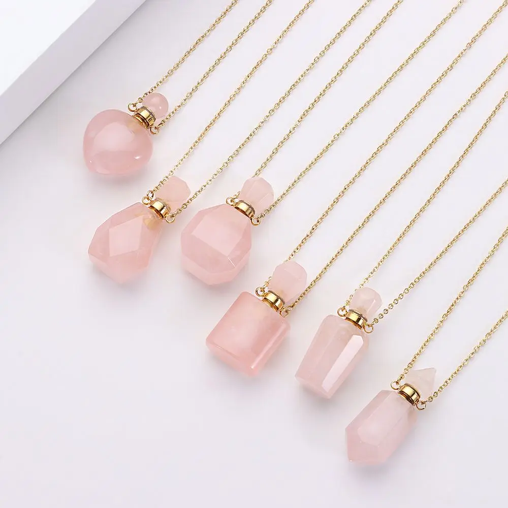 

Drop for Women Men Oil Diffuser Vial Rose Quartz Perfume Bottle Necklace Natural Stone Necklace Perfume Bottle Pendant