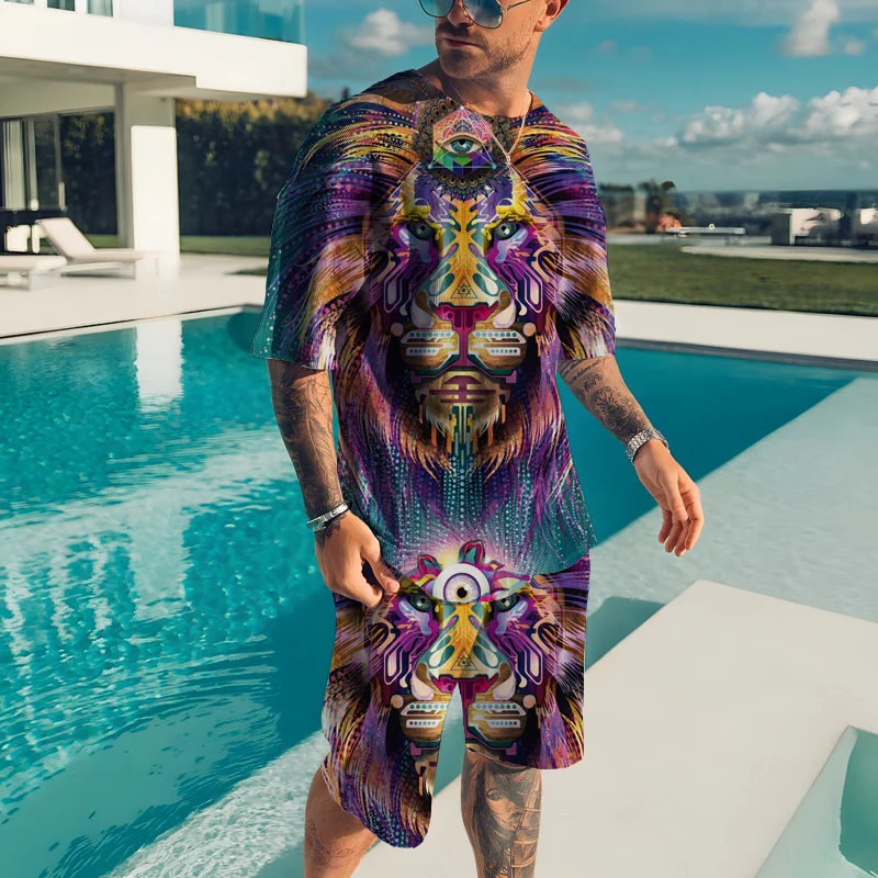 Men's T-shirt Set 3D Animal Print Oversized T-shirt Shorts Men's Casual Suit Sportswear T-shirt Top Summer Men's Clothing Set
