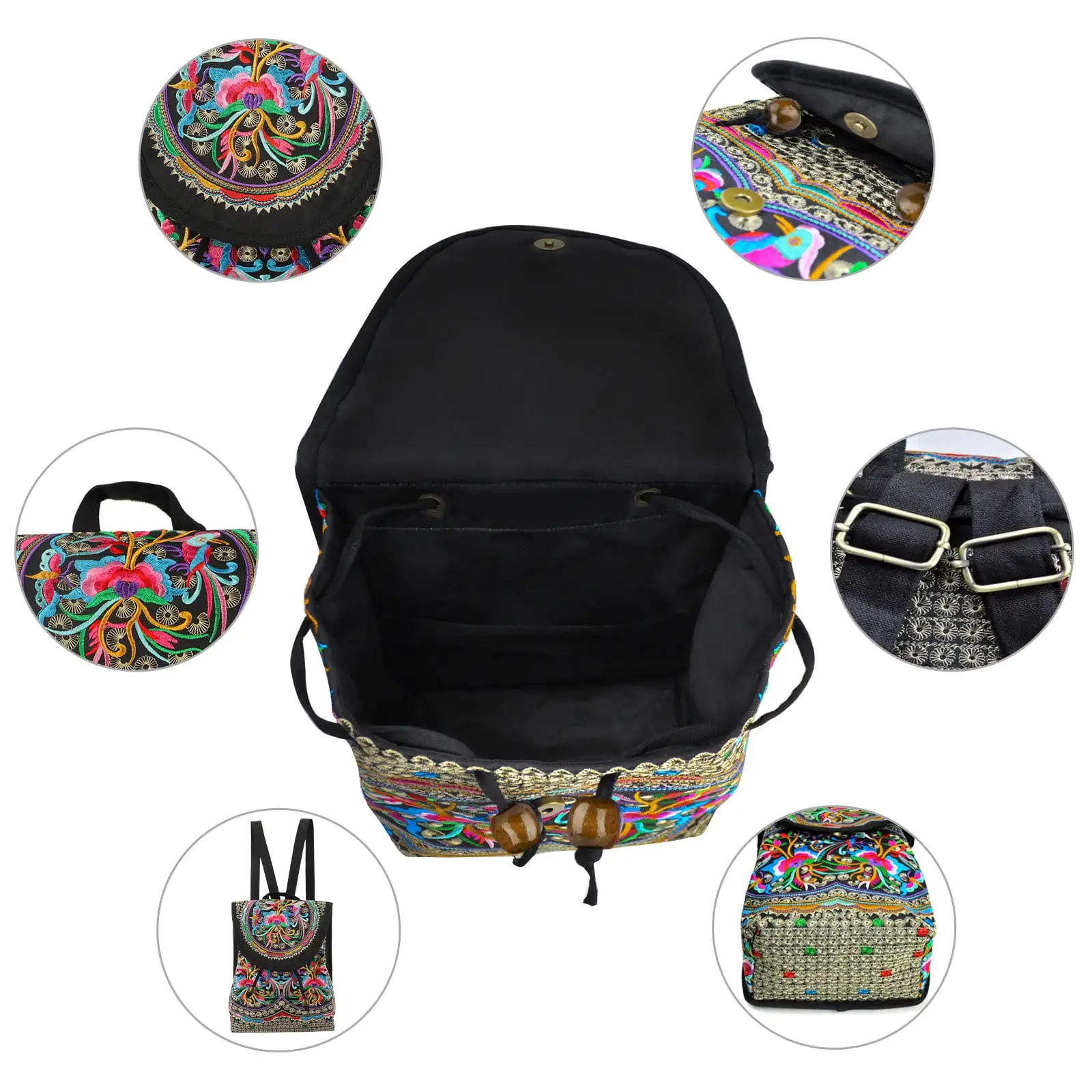 Boho Embroidered Backpack Purse,  Embroidery Messenger Bag for Women, Travel Shoulder Daypack, Vintage Handmade Canvas Backpack