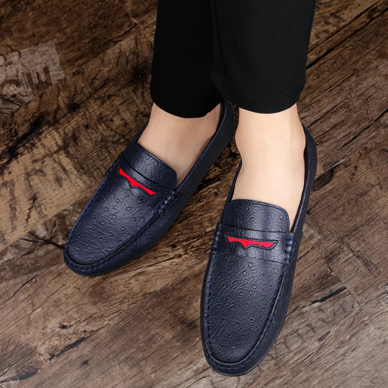 

High End Ostrich Pattern Genuine Leather Loafers Men Slip-On Brand Luxury Shoes Black Moccasin Mens Flat Non-Slip Driving Shoes