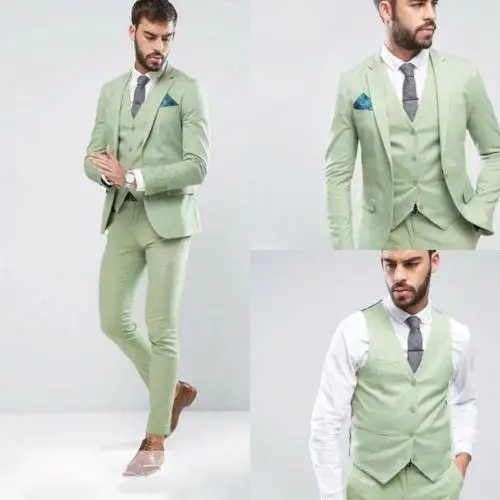 

Новейший дизайн, светло-зеленый Свадебный мужской костюм, смокинг для жениха, выпускного вечера, мужской костюм, 3 предмета (пиджак + брюки + жилет)