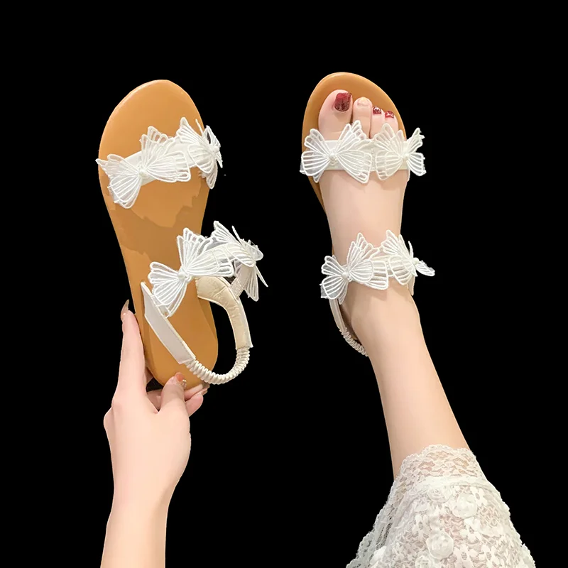 

Сандалии женские с бантом-бабочкой, Модные Босоножки с открытым носком, эластичная резинка, низкий каблук, повседневная обувь в ретро стиле,...