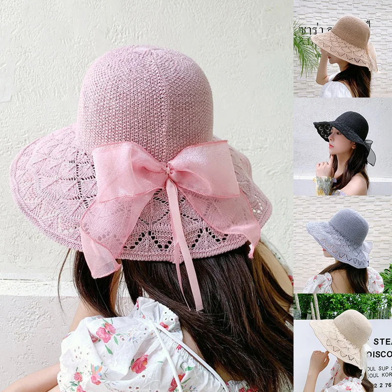 

Women Summer Sun Hats Lovely Bow Straw Hat Beach Cap Collapsible Outdoor Hats beach vacation leisure sunscreen hats