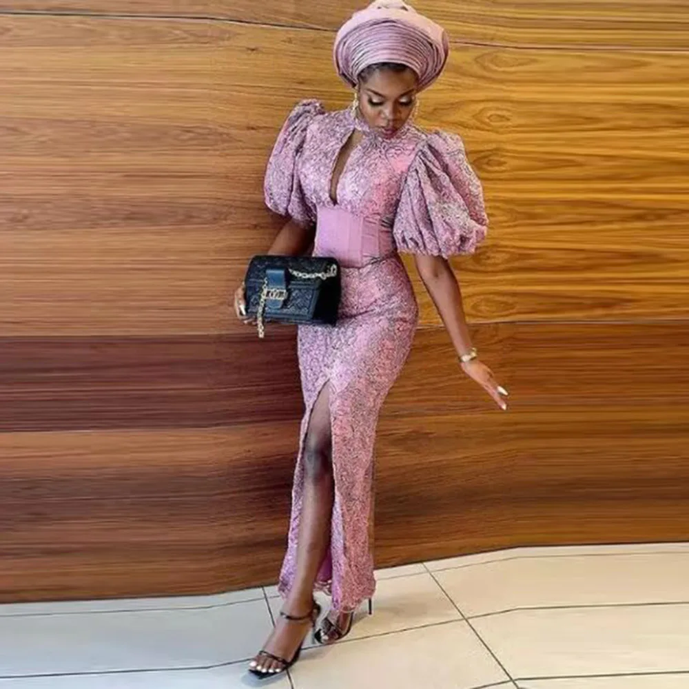 

Dusty Pink African Evening Gowns Puffy Short Sleeves Lace Front Split Prom Dresses Saudi Arabia Formal Party Dress Robe
