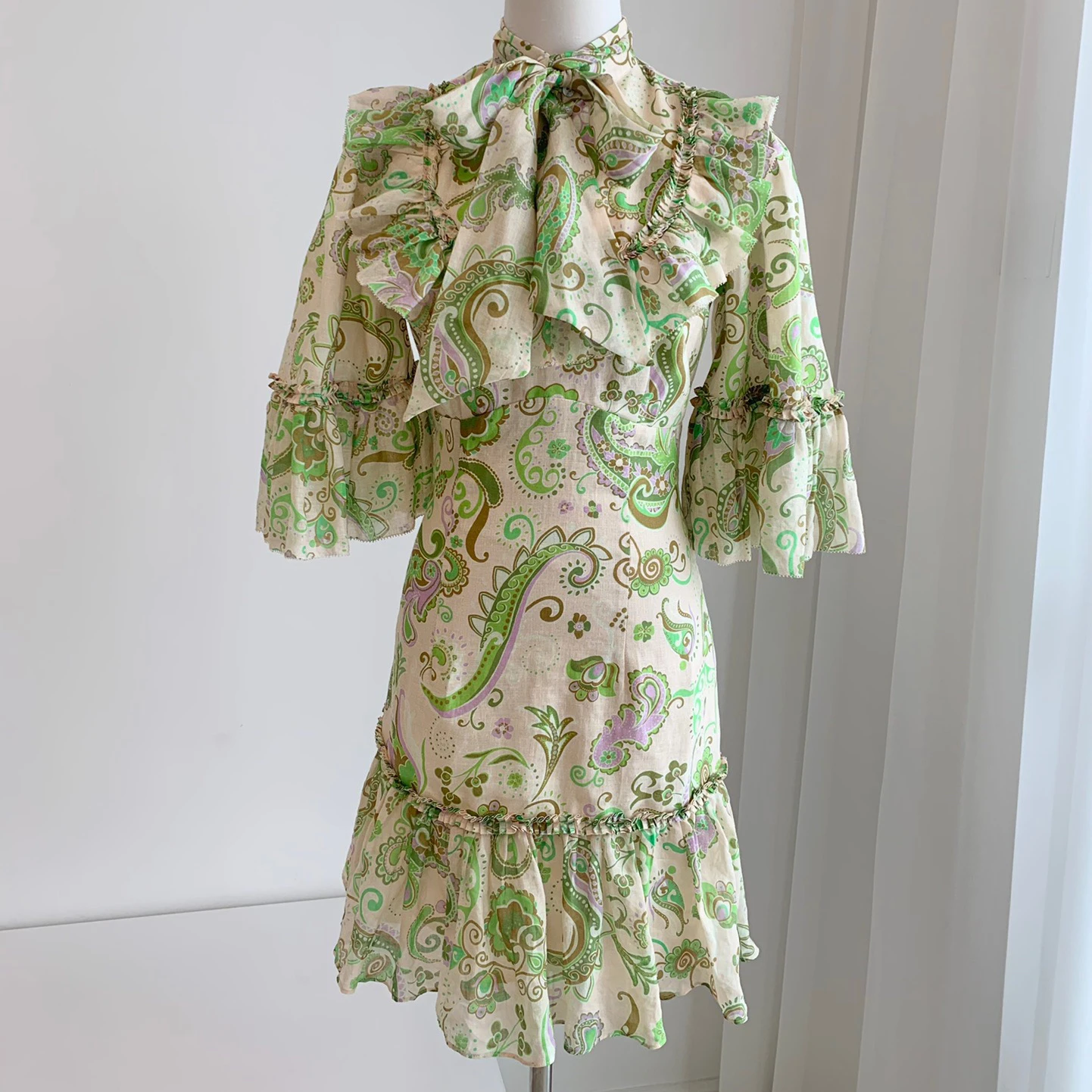 

Green Cashew Print Women100% Linen Mini Dress Ribbon Bow Collar Flare Sleeve lady dress