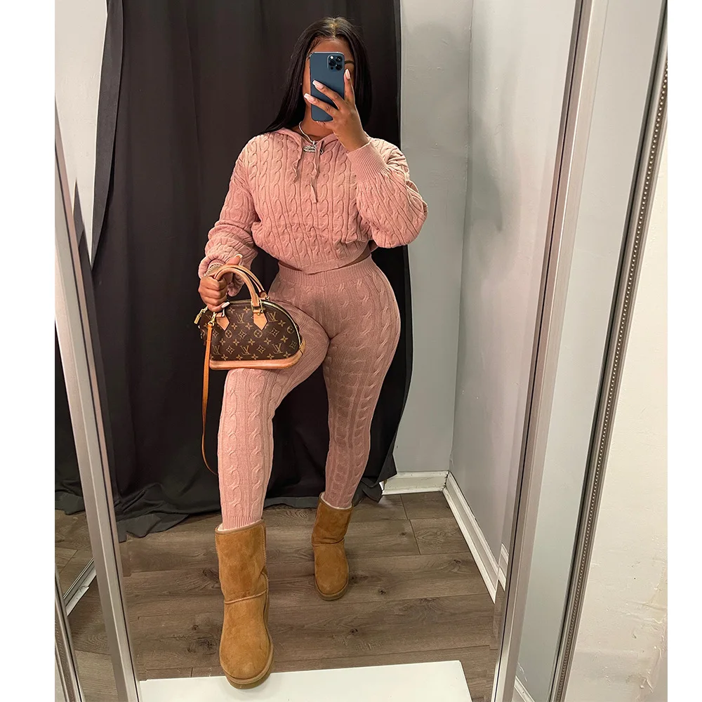 Casual Women Tracksuit Two Piece Set Knit Ribbed Solid Color Slim Bodycon Matching Set Clothes For Women Outfit