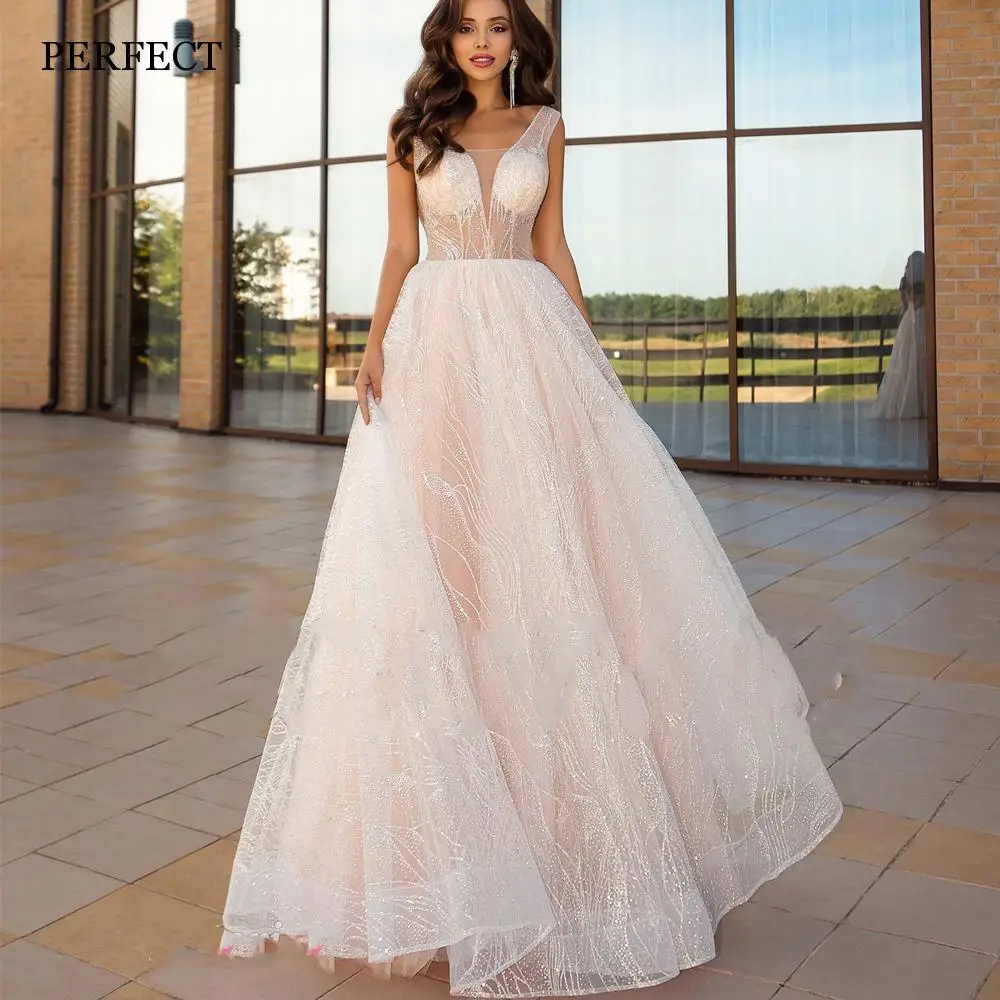 

PERFECT Chic V-Neck A-Line Wedding Dresses Sleeveless Open Back Appliques Bridal Gowns Custom Made Tulle Robe De Mariée Summer