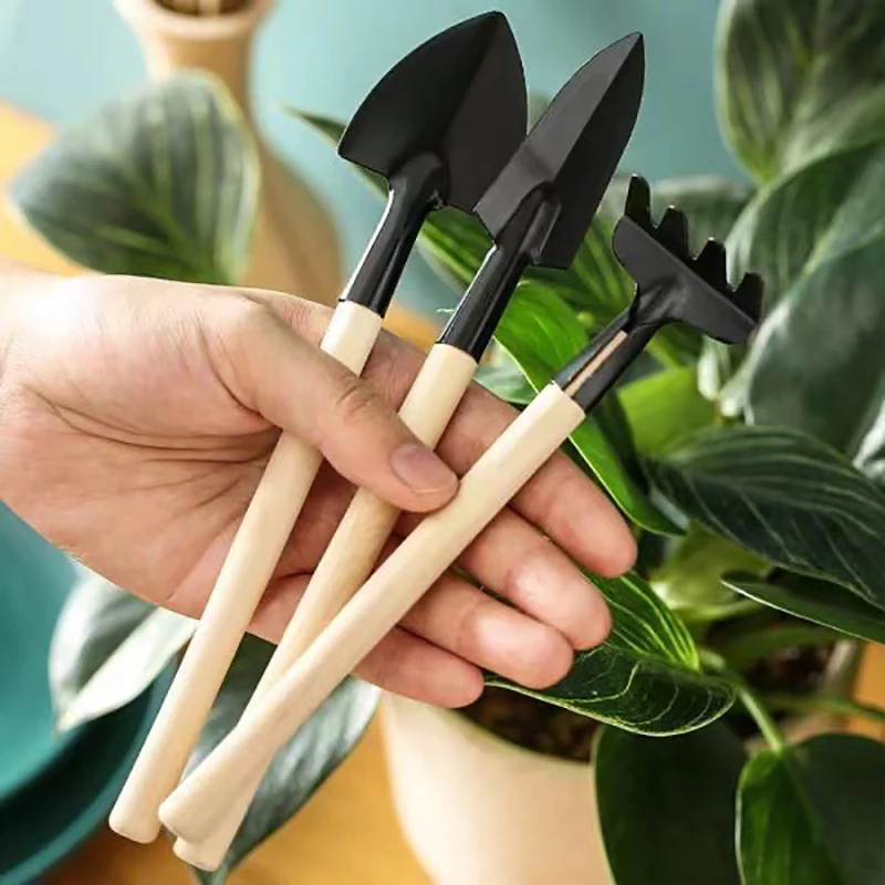

3Pcs/Set Mini Spade Shovel Harrow Flowerpot Tools Potted Plants Maintenance Wooden Handle Soil Gardening For Home Flower Pots
