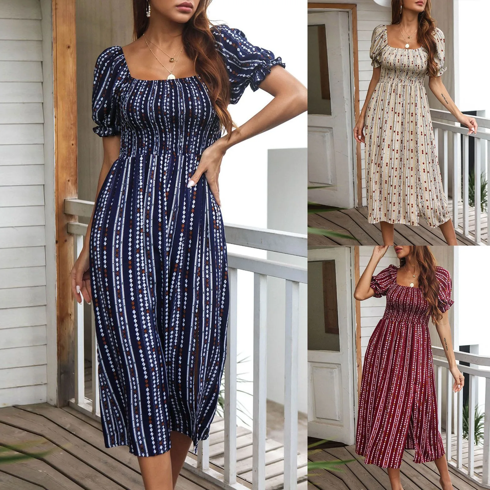 

Womens Short Puff Sleeve Elastic Square Neck Side Split Print Casual Fashion Dresses Big Size Casual Dress Women Comfort Dress