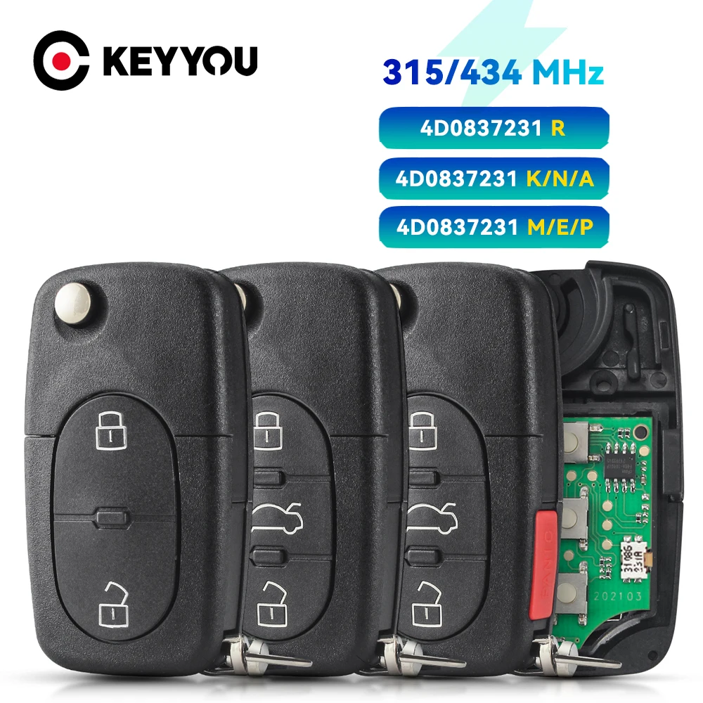 

KEYYOU For Audi A3 A4 A6 A8 B5 TT RS4 Quattro 433Mhz ID48 Chip HU66 Car Remote Flip Key 3 BTN 4D0837231A