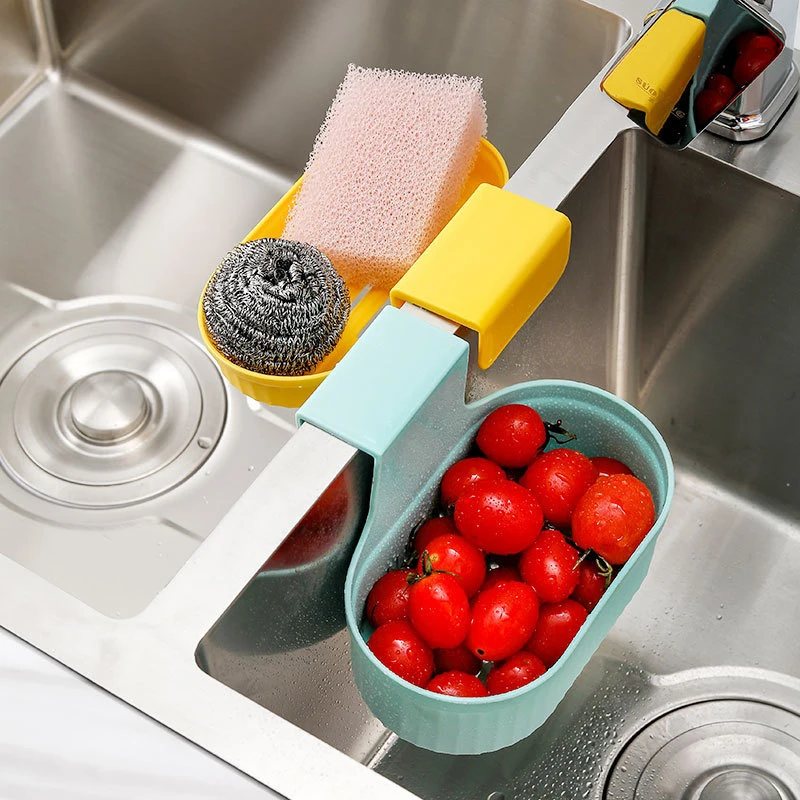 

Kitchen Double-layer Sink Strainer Drain Fruit Vegetable Drainer Sponge Rack Storage Basket Hanging Storage Shelf Organizer