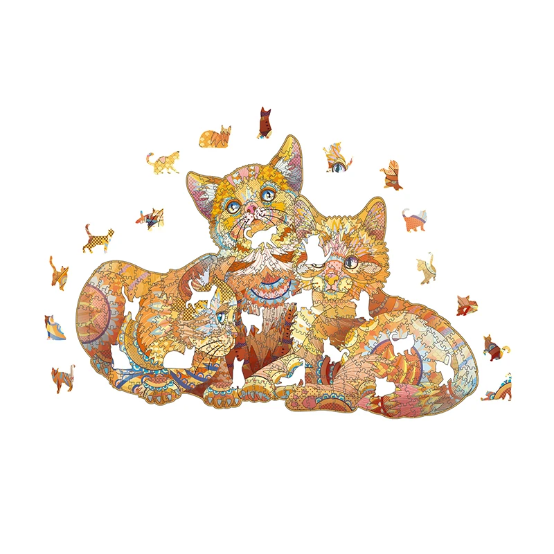 

3 Cats Puzzles Wooden Animal Shaped Pieces Unique Design Alien Jigsaw IQ Challenge Teen Child Gift Montessori Toy Dropshipping