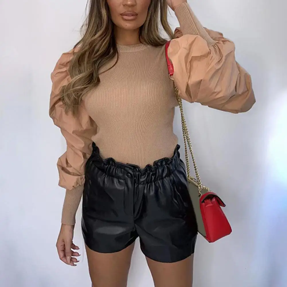 

Women Spring Top Big Bubble Sleeves Pleated Round Neck Solid Color Soft Warm Elastic Cuff Pullover Lady Prom Top Women Garment