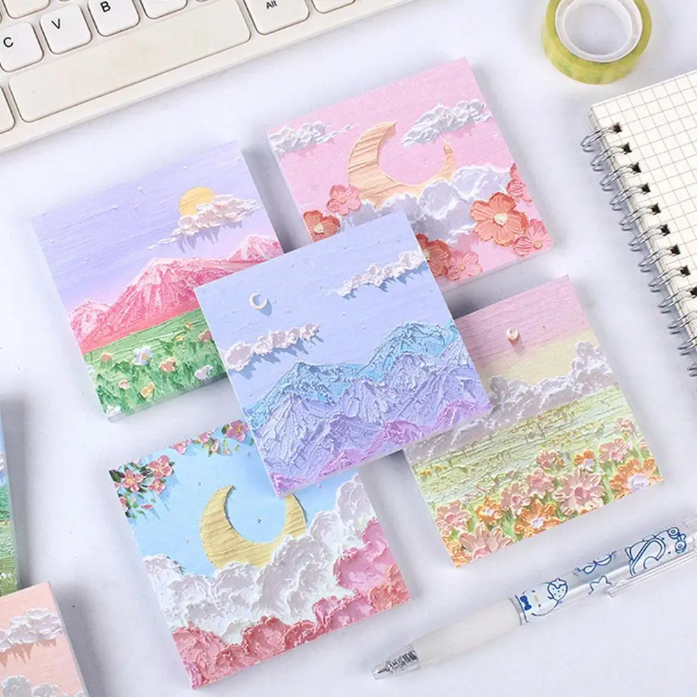 

80sheets Creative Oil Painting Landscape Memo Note Girl Heart Hand Account Bottom Material Note Book Sticky Note Paper