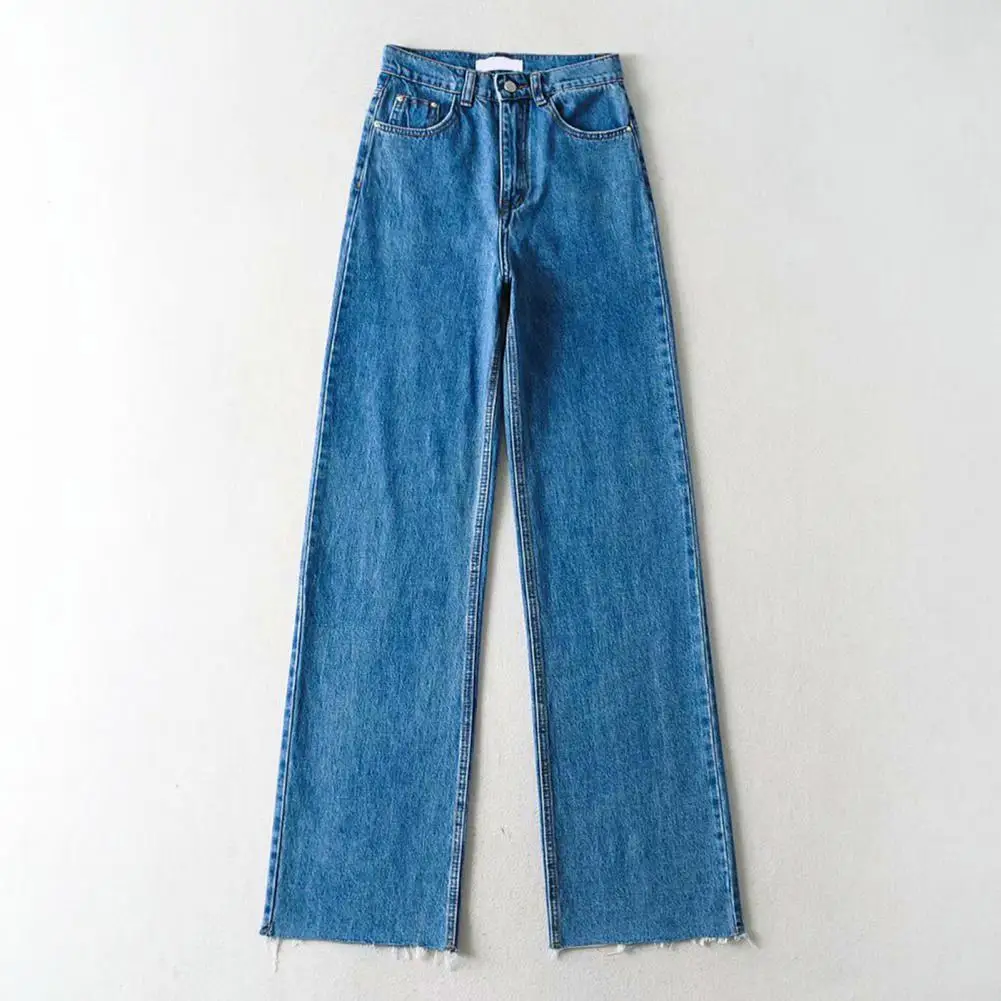 

Popular Women Jeans High Waist Shrink-resistant Cargo Jeans Straight Wide Leg Pure Color Denim Trousers