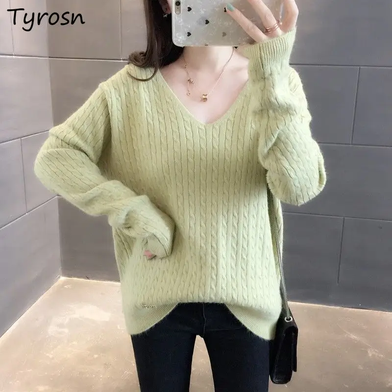 

Women V-neck Pullovers Gentle Long Sleeve Bottoming Tricot Tops Loose Korean Ulzzang Temperament Solid Glutinous Sweater Femme