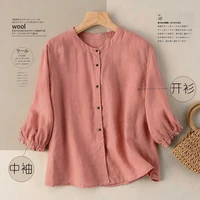 pure cotton blouses office half sleeve button up retro shirt women summer solid color loose shirts casual lady top blusas mujer