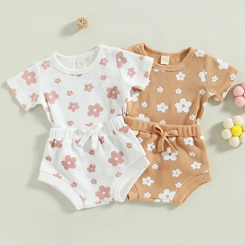 Toddler Baby Girls Summer Clothes Sets Newborn Infant Girls Floral Print Waffle Short Sleeve T-shirts+Drawstring Shorts Outfits