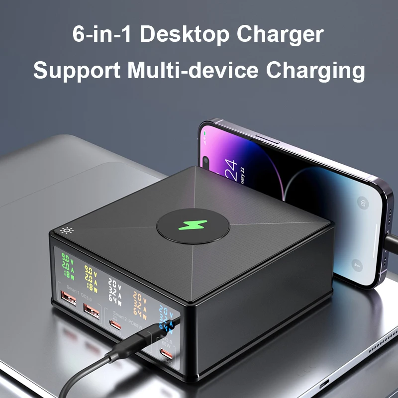 ILEPO 160W 5Port USB Charger Staion With 15W Wireless Charger LCD Display USB-C QC3.0 PD 65W Quick Charger For Phone Laptop