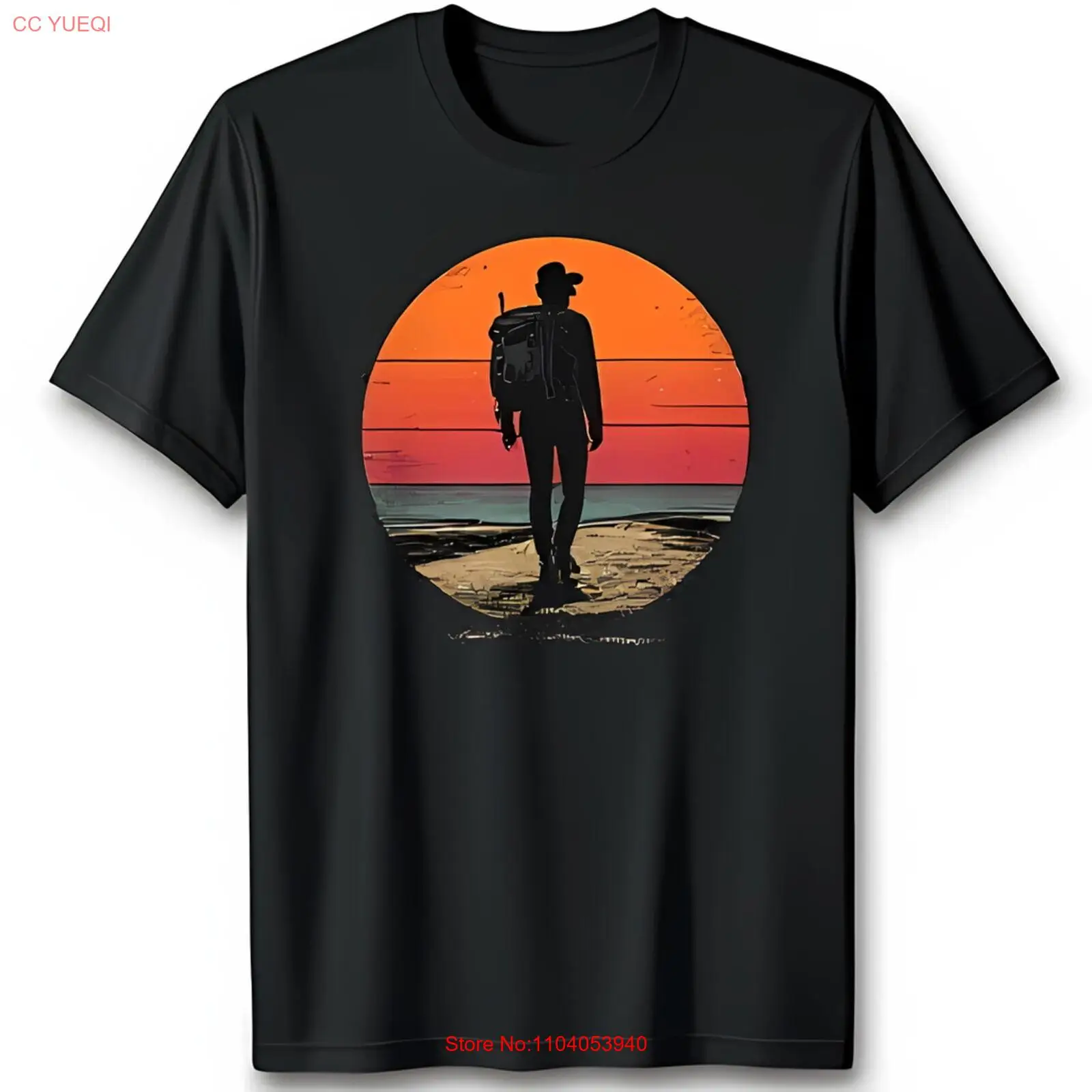 Винтажная черная футболка с рисунком заката и приключений рюкзака