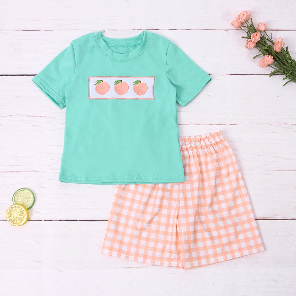 

1-8T Baby Boys Clothes Summer Kids Suits With Orange Embroidery Cotton Green Short Sleeve Plaid Pants Boutique Children Set