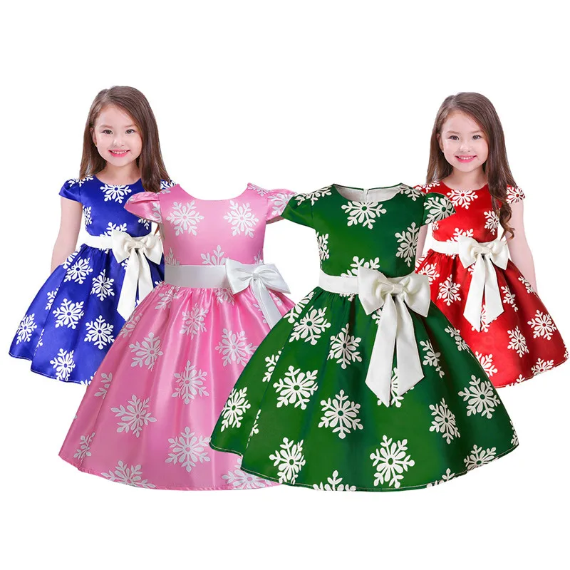 

2022 New Summer Elegant Girl Dress Fashion Flower Print Sleeveless Christmas Costume Bow Party Vestidos 3-7 Years Kids Clothing