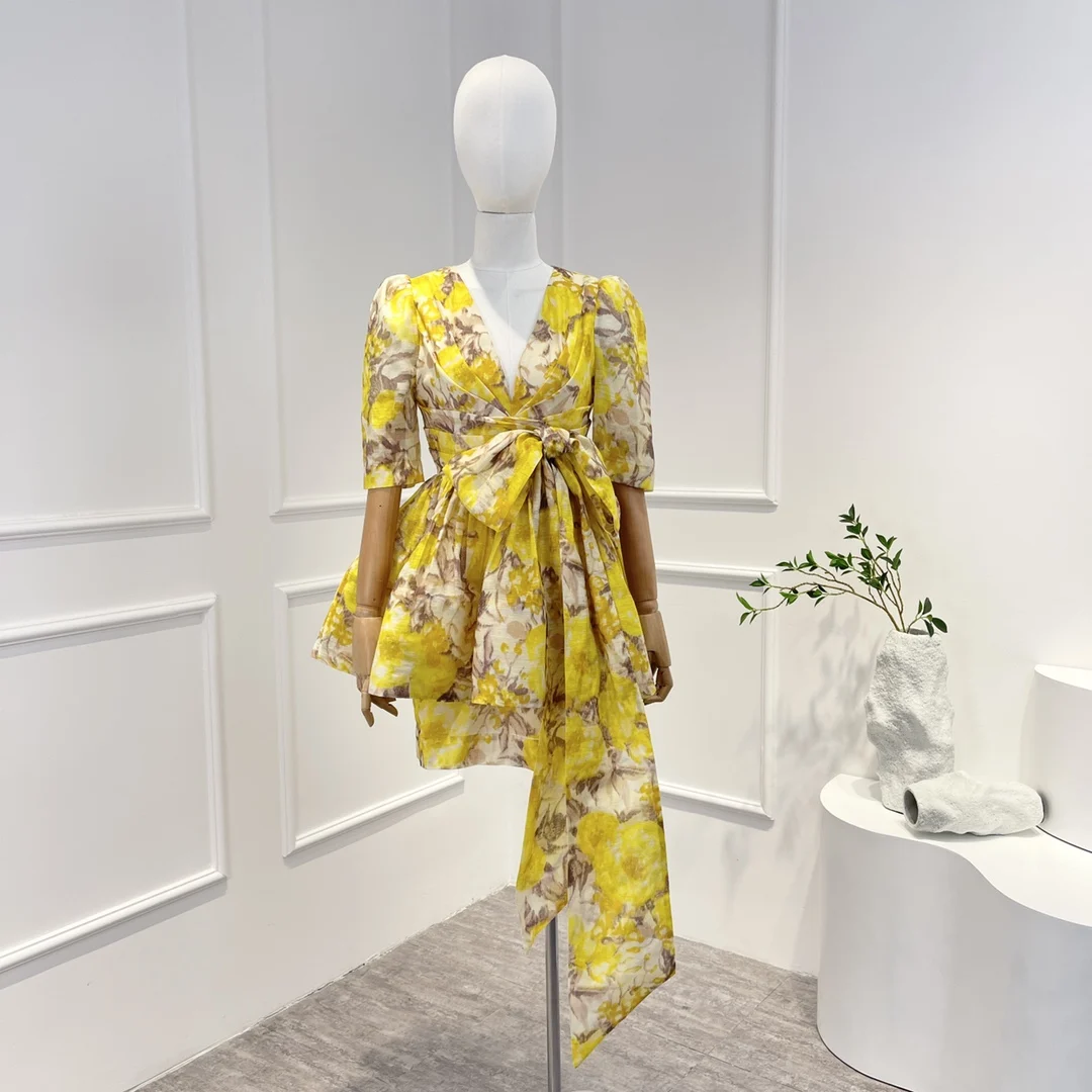

Женское платье-мини с V-образным вырезом, желтое льняное шелковое платье с цветочным принтом и бантом на талии, лето-осень 2022