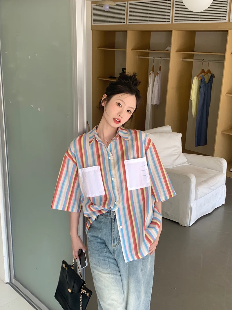 

2023 Summer Colorful Vertical Stripe Short Sleeve Shirts for Women's Japanese Vintage Casual Versatile Shirts Cardigan Trend