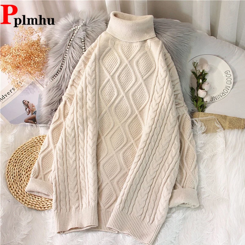 

Thick Warm Ribbed Kint Long Tops Women's Twist Turtleneck Mid-length Sweaters Winter Elegant Candy Colors Soft Korean Pullover