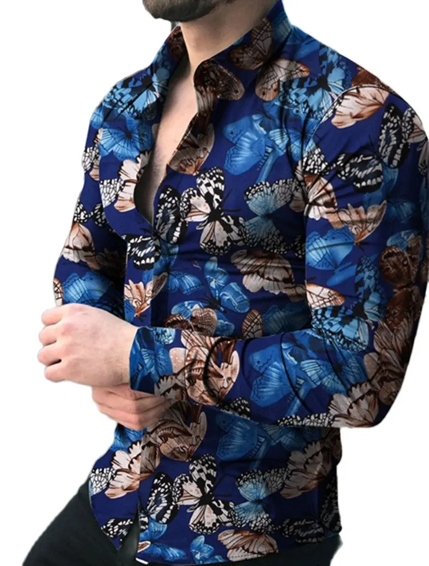 

Butterfly Print Shirt Men Slim Fit Shirt Long Sleeve Shirt Male Top 2020 Europe Size Cotton Men's Shirt Streetwear Male Shirt