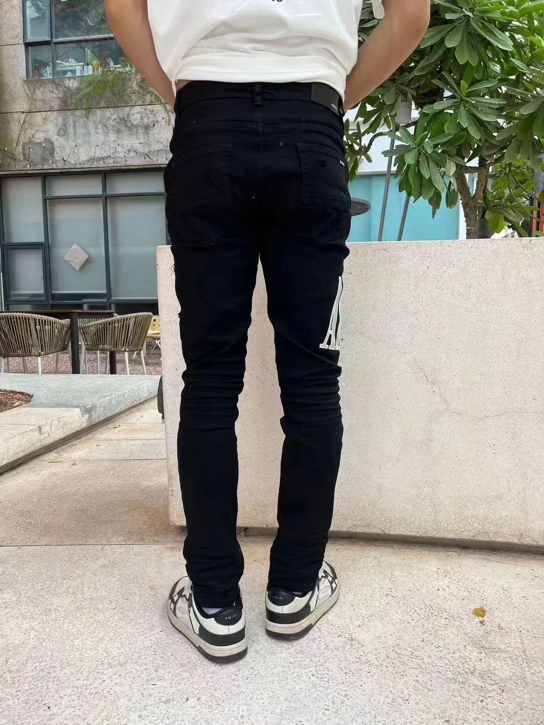 Leather Embroidered Word Art Jeans Men Hole Casual Slim Cotton Stretch Scratches Bleached Scraped Feet Pencil Pants Tight EH·MD®