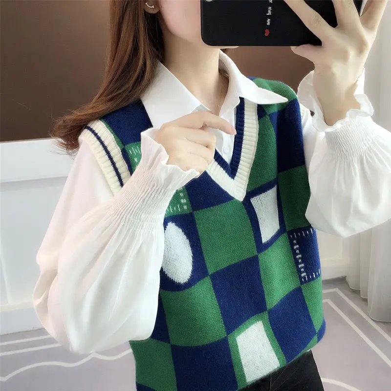 

2023 Spring and Autumn Fashion Women Sweater Vest Loose Houndstooth Plaid Knitted Sweater Vest Pullover Sleeveless Vintage M80