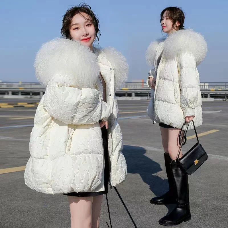Large Fur Collar Thin Down Jacket for Women Hooded Oversize Demi-season Female Winter 2023 Quilted Coat Spring Parka Fluffy New