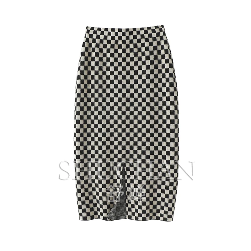 Женская трикотажная юбка из чистого кашемира черная клетчатая длинная с