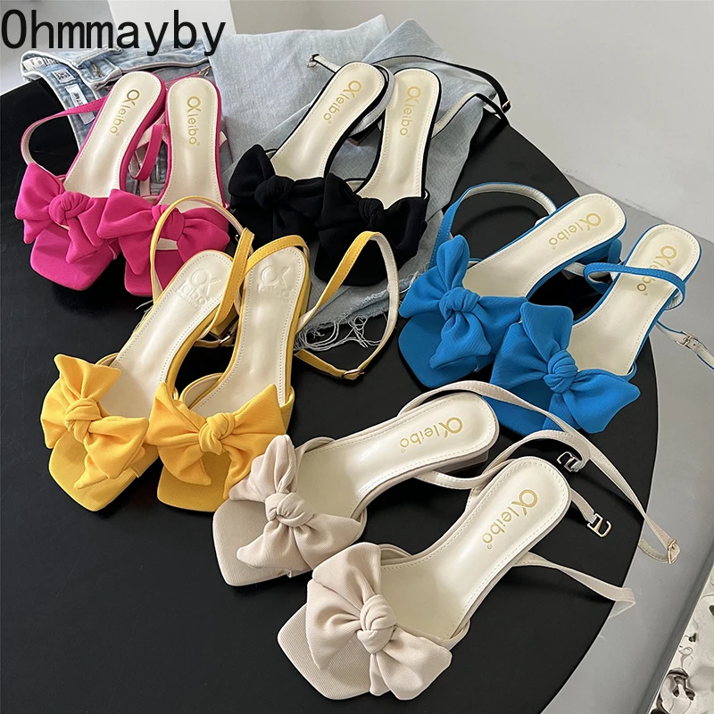 

2022 Elegant Bowtie Sandals Women Thick Heel Ladies Ankle Strap Shoes High Quality Open Toe Sandal Summer Mujer