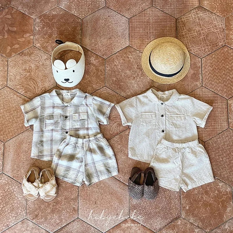 

Girl Infant Summer Plaid Blouse Suit Toddler Outfits New Boy Baby Striped Short Sleeve Tops+Short 2pcs Children Cotton Shirt Set