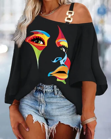 Summer Fashion Loose Print Shirt Chiffon Shirt Blouse Women Casual Chain Strap Off Shoulder Pullover Top TShirt Women